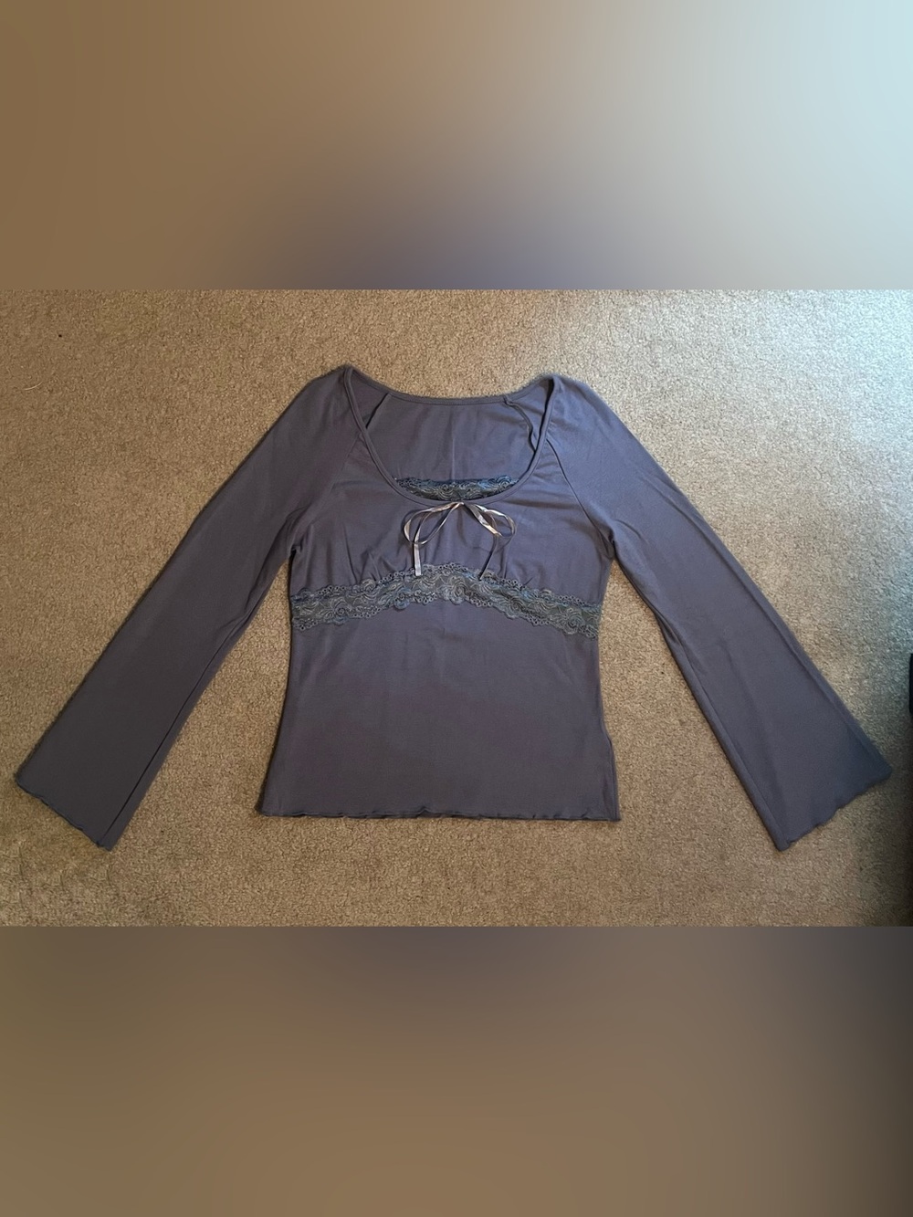 Women’s Grey/Blue Lace Flare Long Sleeve T-Shirt with Bow Detail